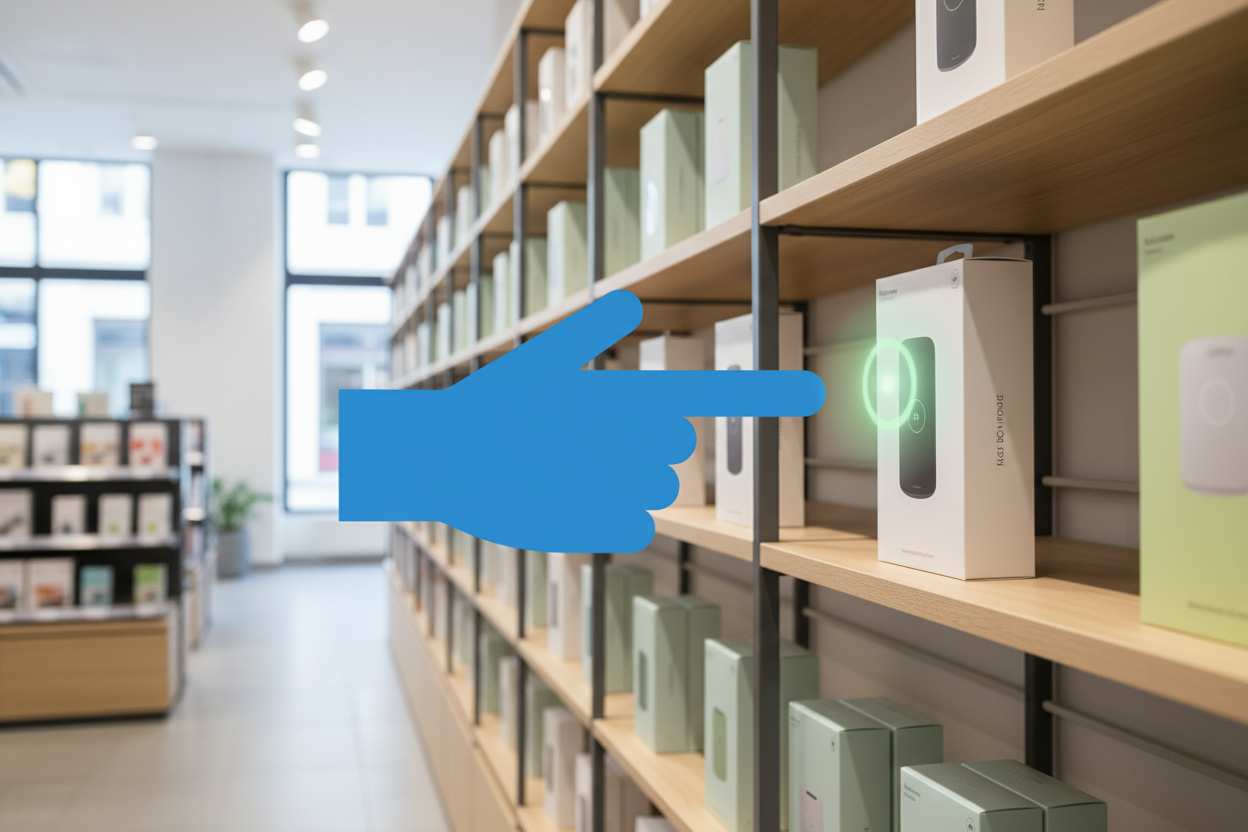 UNA MANO COMO LA DE NUESTRO FAVICON ESTA ELIGIENDO UN PRODUCTO DE UNA ESTANTERIA 